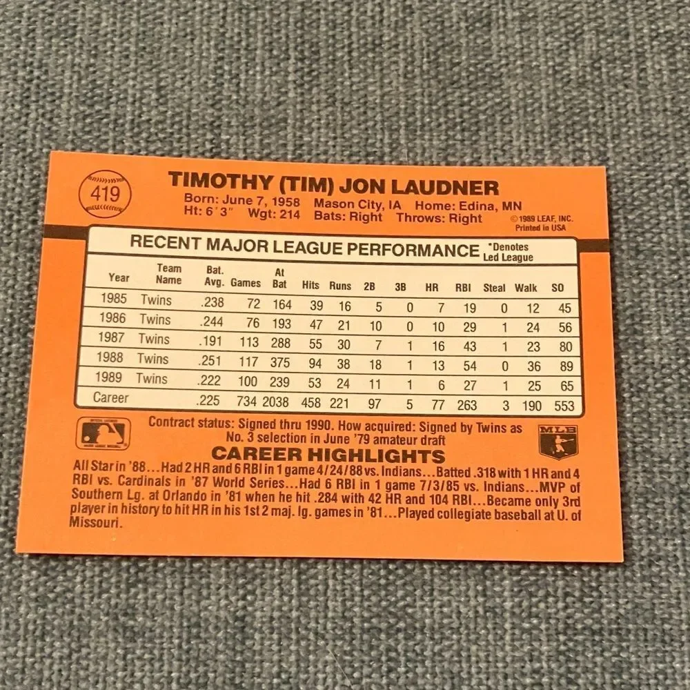 1990 Donruss Minnesota Twins Baseball Card Trading Card
